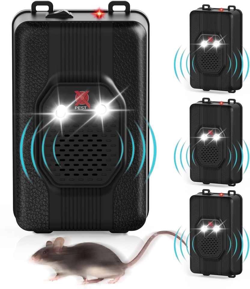 Ultrasonic Rodent Repellent for Cars and Indoor - Battery Operated Mouse, Squirrel, Rat Deterrent with Strobe Light - Smart Detection - 4 Packs for Car, Boat, Garage, Attic, Barn